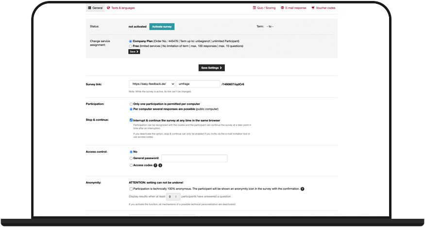 Customize the settings of your survey